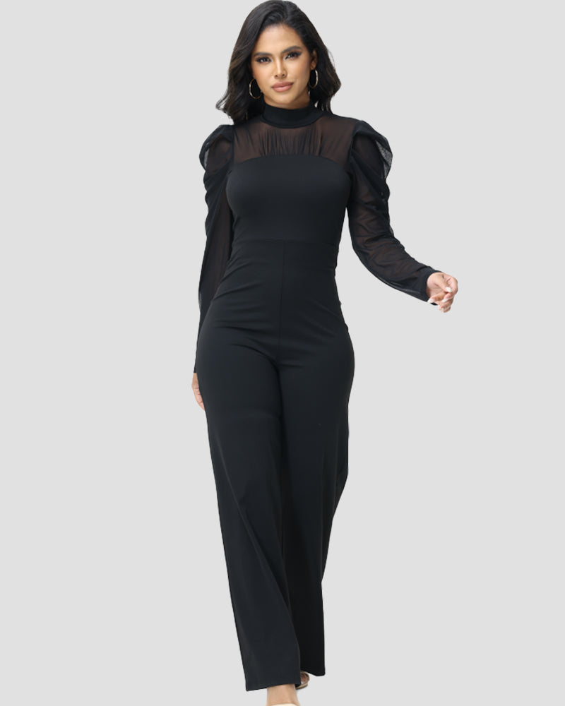 Damen Overall mit Transparentem Netzstoff Stehkragen Schlankmachendem Weitem Bein