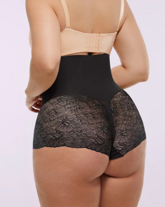 Bauchweg Shorts mit Hoher Taille und Transparentem Netzeinsatz aus Spitze