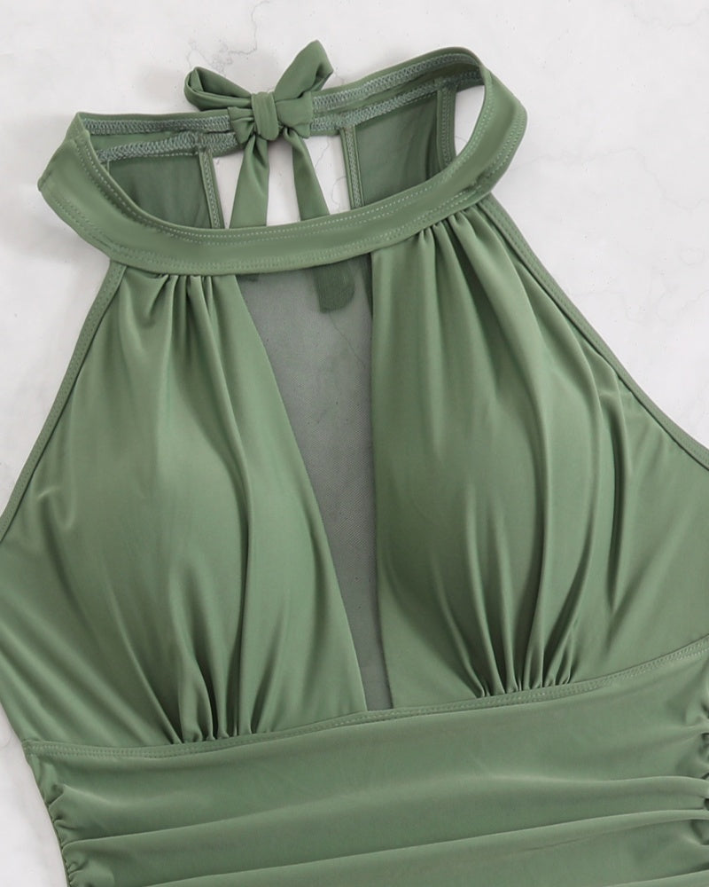 Großer Neckholder Badeanzug mit Netzeinsatz und Bauchkontrolle und Seitlicher Schleife