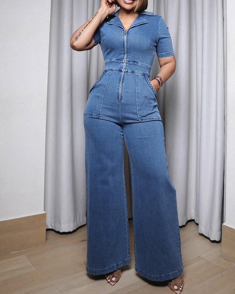 Lässiger Kurzärmliger Lockerer Gerader Jeans Overall mit Taschen für Damen