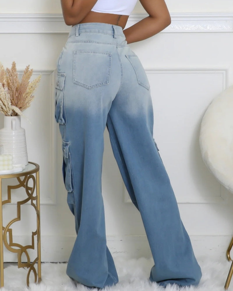 Cargo Jeans mit Verwaschenem Farbverlauf und Weitem Bein und Mehreren Taschen