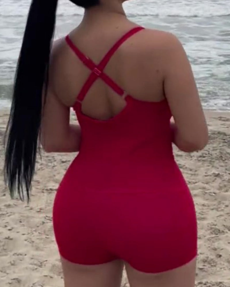 Einteiliger ärmelloser Rückenfreier Shapewear Badeanzug mit Tiefem V Ausschnitt