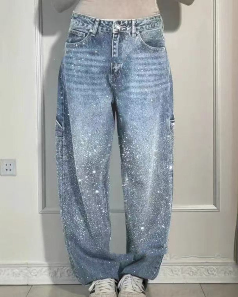 Damen Cargo Jeans mit Strassverzierung und Lockerer Passform