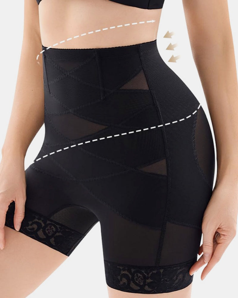 Formende Shorts mit Netz Taille und Gekreuzter Bauchkontrolle und Spitzenrand