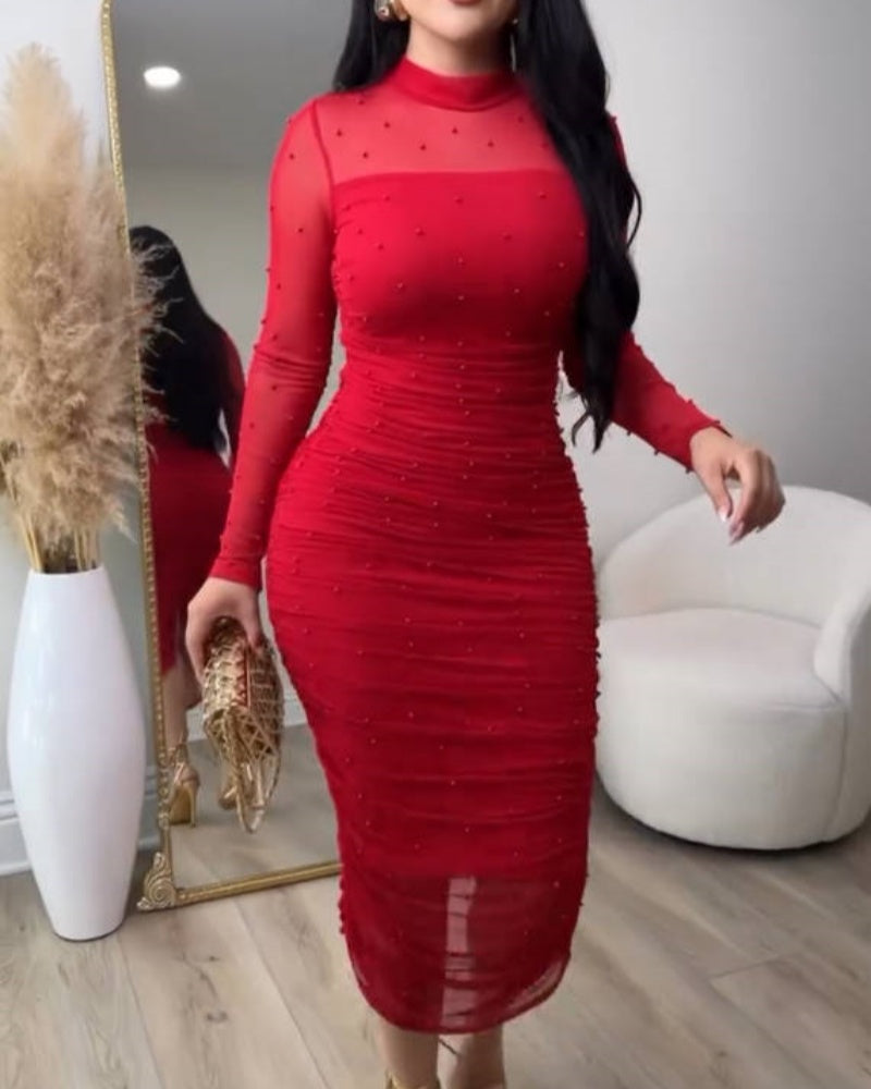Elegantes Gerüschtes Figurbetontes Midikleid mit Netzstoffeinsätzen und Stehkragen