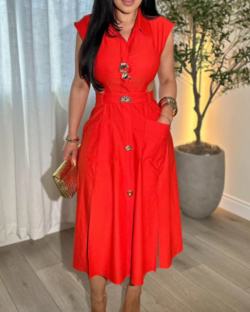 Ärmelloses Kleid mit Kragen Hemdbluse und Cut Outs in der Taille und Taschen