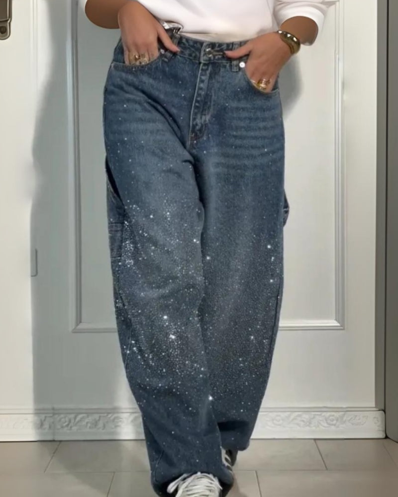 Damen Cargo Jeans mit Strassverzierung und Lockerer Passform