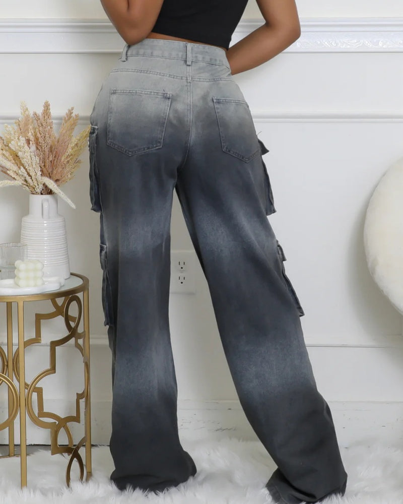 Cargo Jeans mit Verwaschenem Farbverlauf und Weitem Bein und Mehreren Taschen