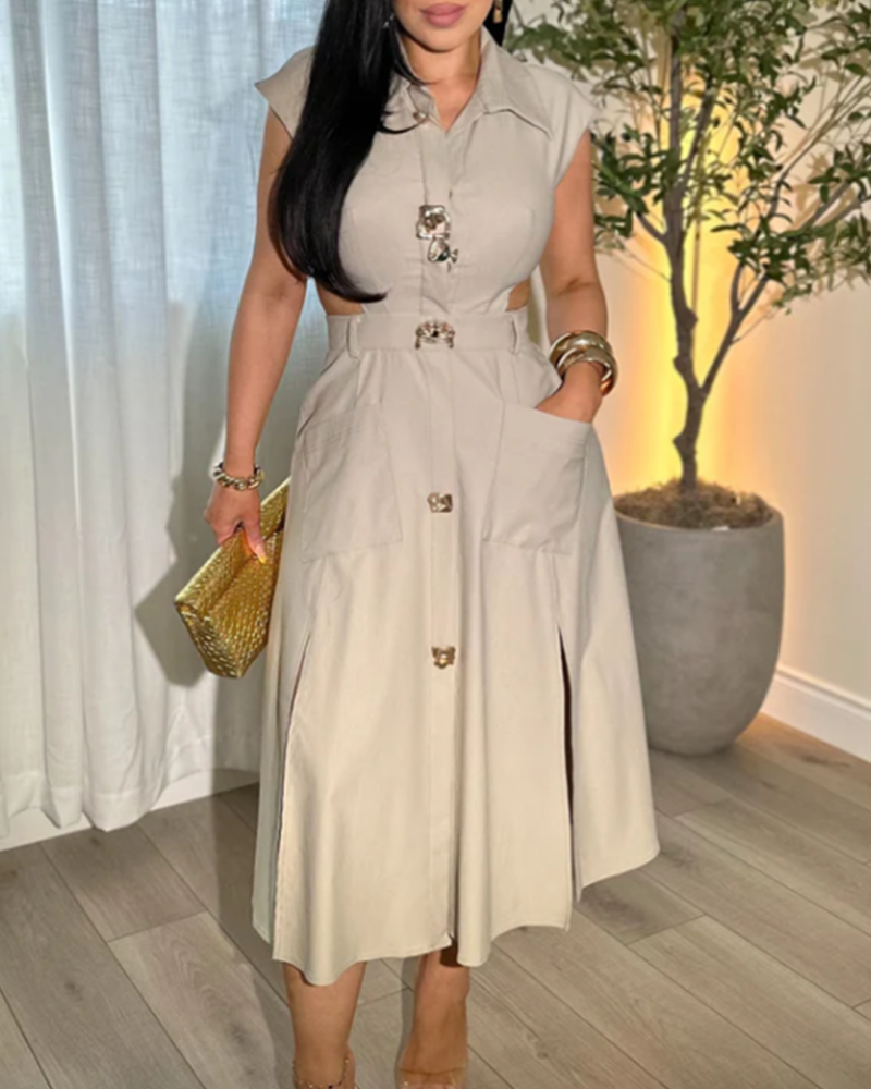 Ärmelloses Kleid mit Kragen Hemdbluse und Cut Outs in der Taille und Taschen