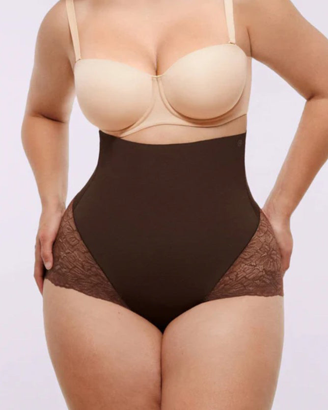 Bauchweg Shorts mit Hoher Taille und Transparentem Netzeinsatz aus Spitze