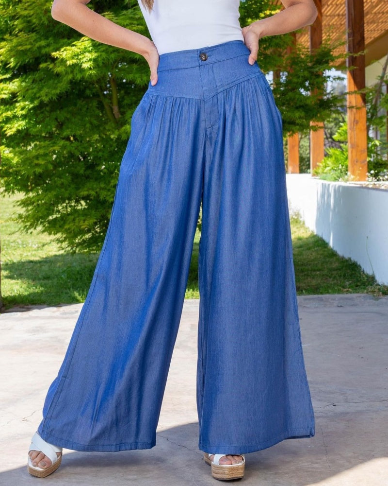 Damen Jeans mit Hoher Taille Modisch Lässig Weites Bein mit Falten