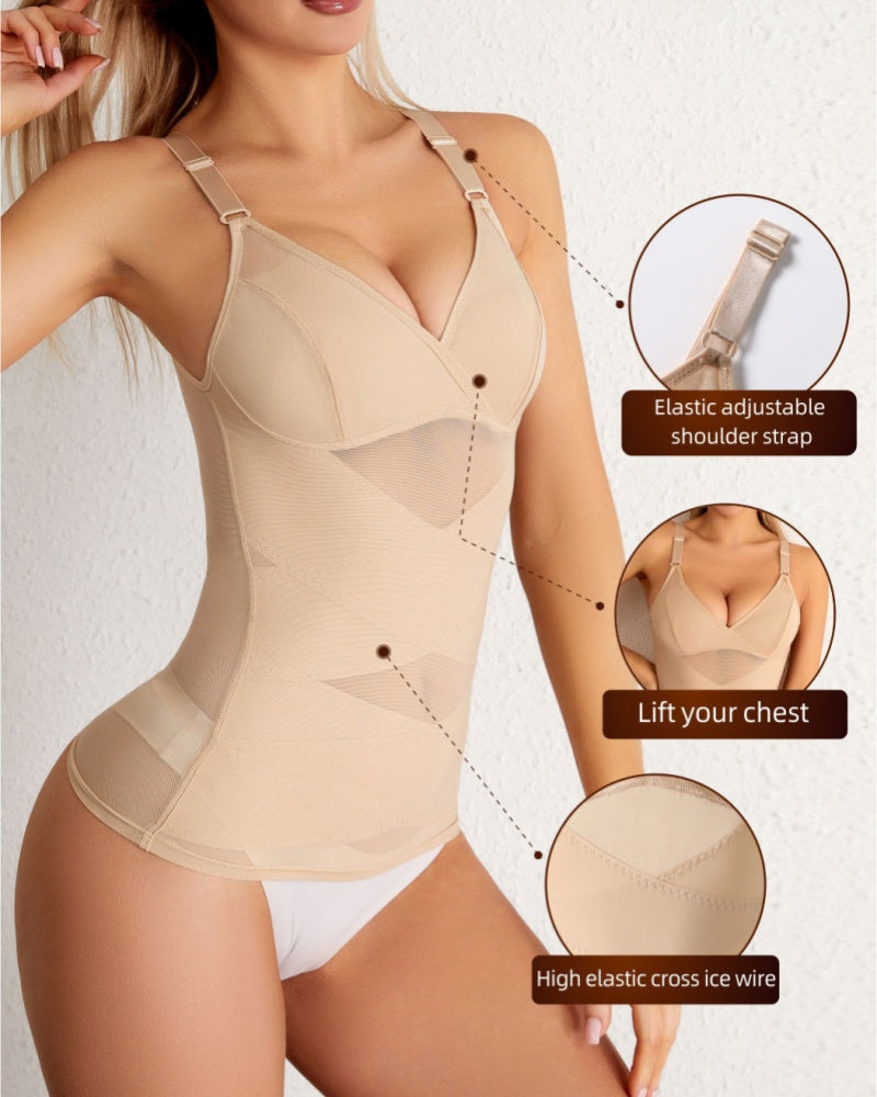 Corsé de soporte para el pecho con retazos de malla y control de abdomen