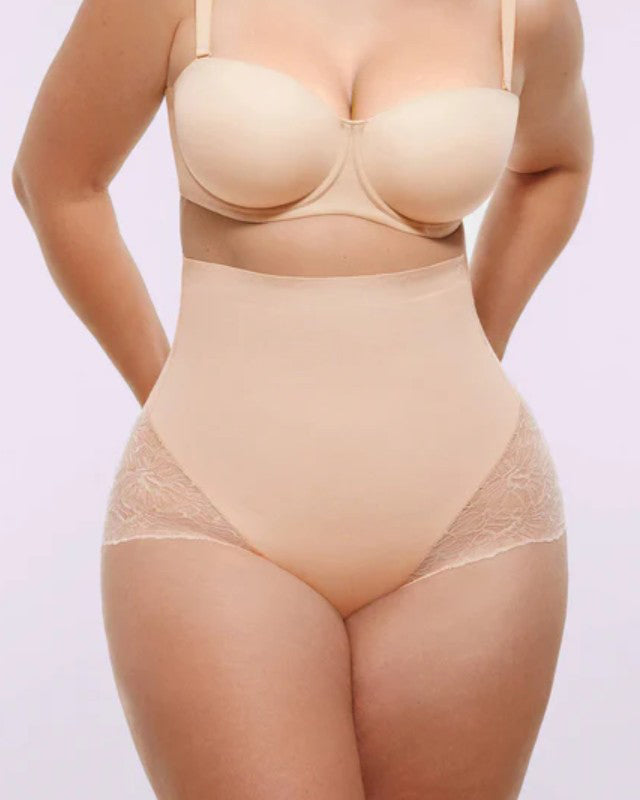 Bauchweg Shorts mit Hoher Taille und Transparentem Netzeinsatz aus Spitze