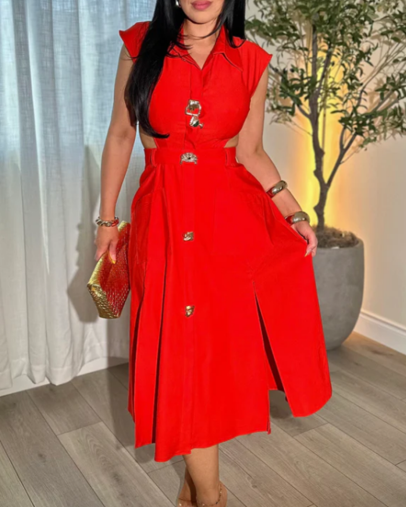 Ärmelloses Kleid mit Kragen Hemdbluse und Cut Outs in der Taille und Taschen