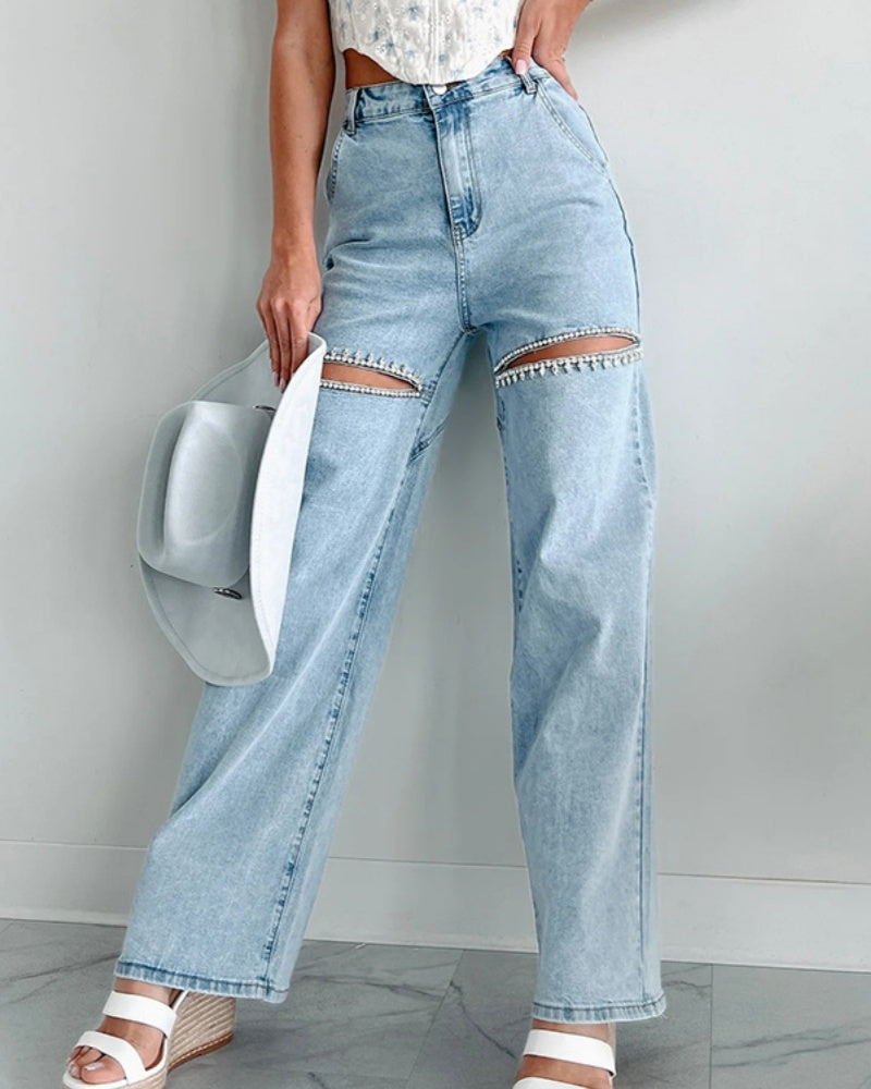 Hoch Taillierte Verwaschene Jeans mit Weitem Bein und Verziertem Ausschnitt für Damen