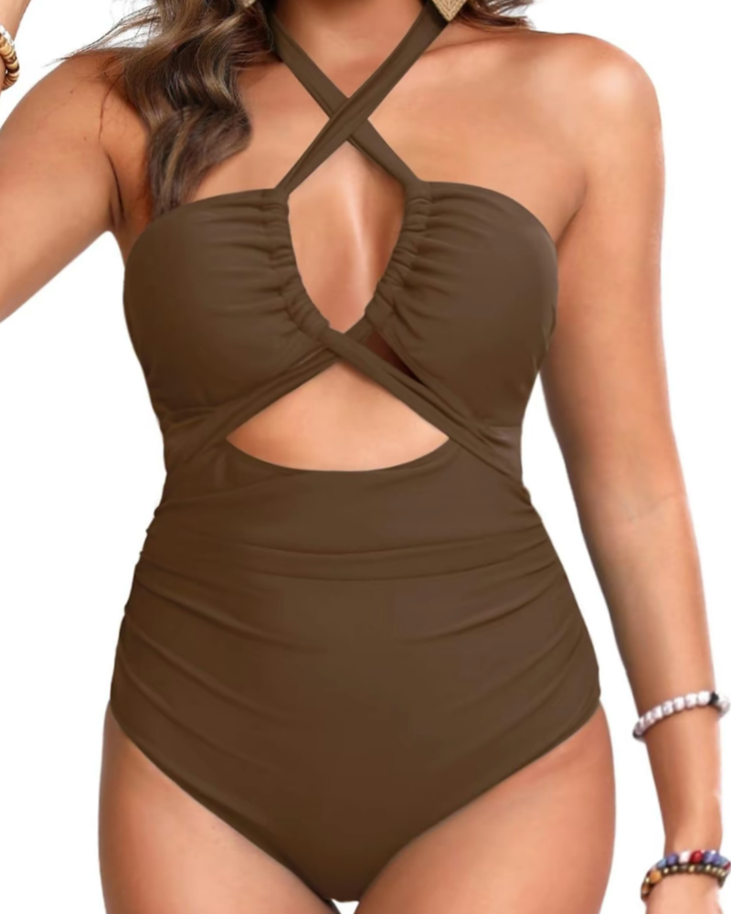 Einteiliger Shapewear Badeanzug mit überkreuztem Neckholder und Bauchkontrolle