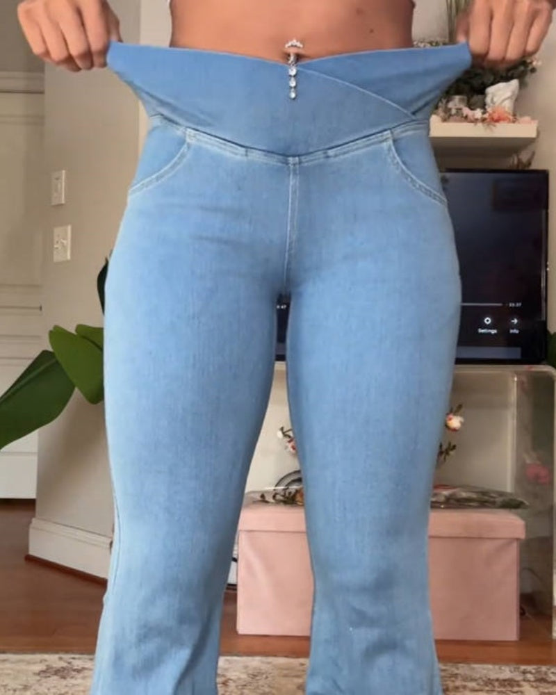 Elastische Crossover Yoga Jeans mit Hoher Taille und Schmaler Passform