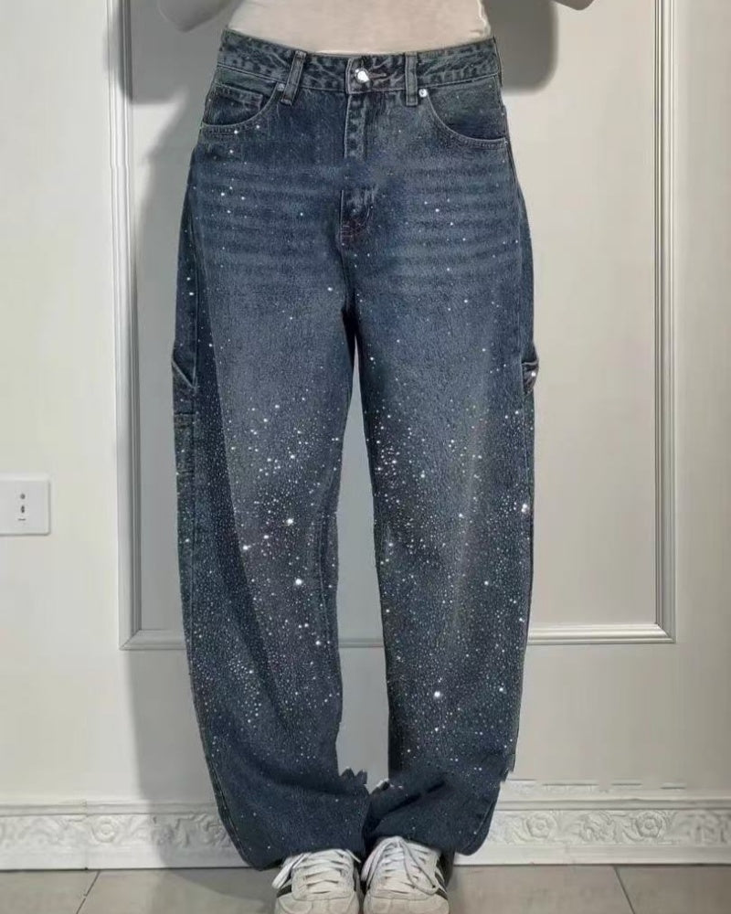Damen Cargo Jeans mit Strassverzierung und Lockerer Passform
