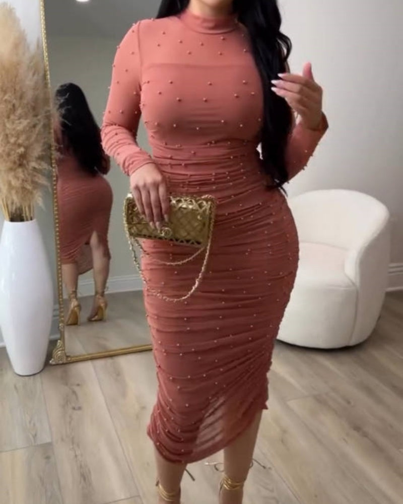 Elegantes Gerüschtes Figurbetontes Midikleid mit Netzstoffeinsätzen und Stehkragen