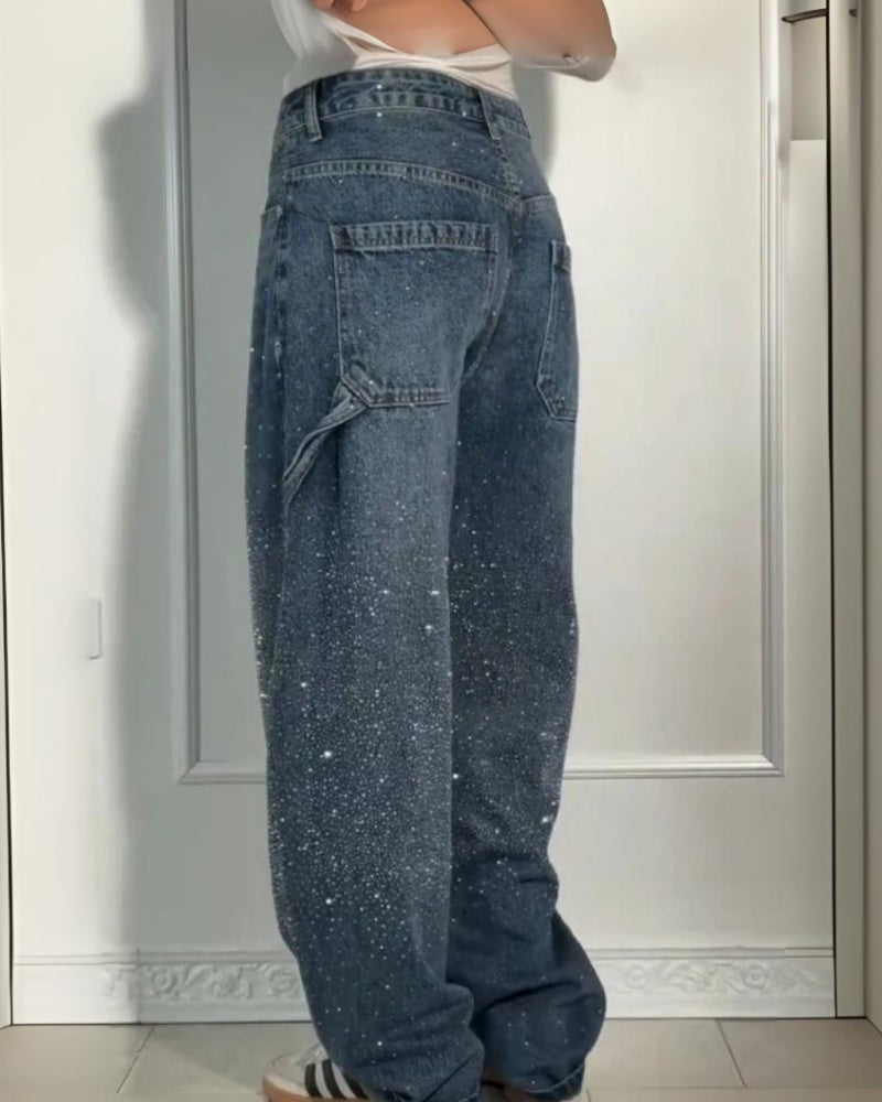 Damen Cargo Jeans mit Strassverzierung und Lockerer Passform