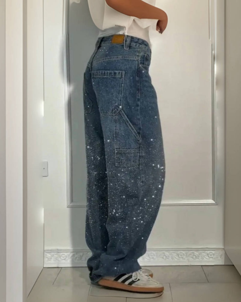 Damen Cargo Jeans mit Strassverzierung und Lockerer Passform