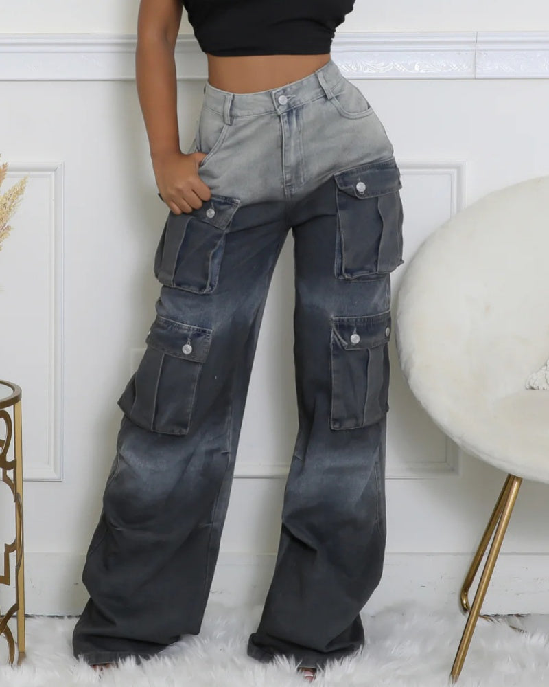 Cargo Jeans mit Verwaschenem Farbverlauf und Weitem Bein und Mehreren Taschen