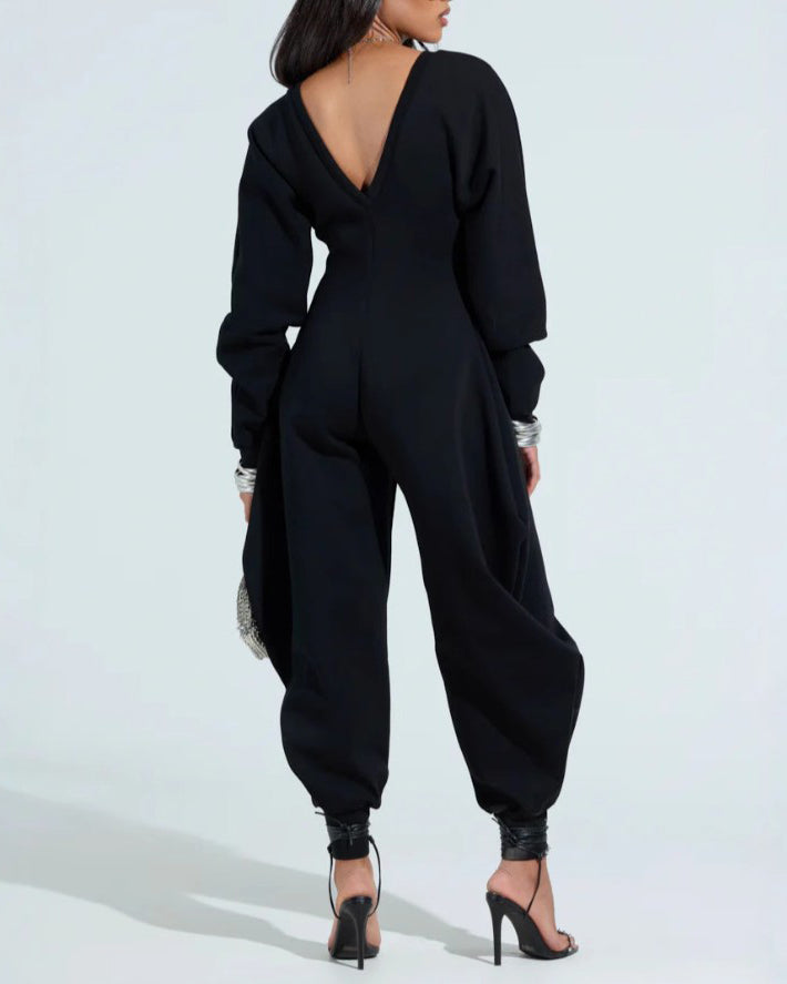 Gemütlicher Baggy Jumpsuit mit V Ausschnitt und Langen Ärmeln