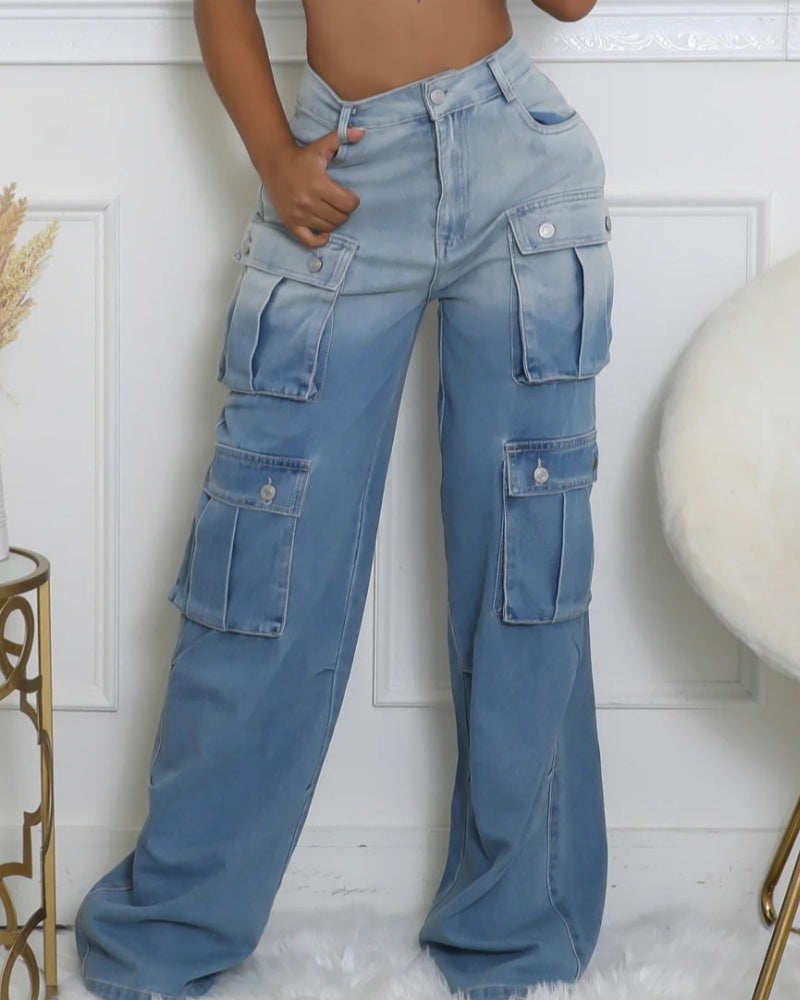 Cargo Jeans mit Verwaschenem Farbverlauf und Weitem Bein und Mehreren Taschen