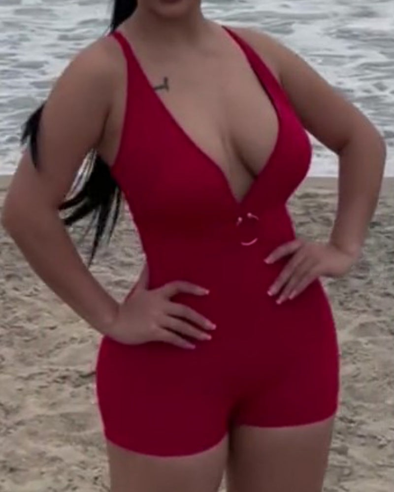 Einteiliger ärmelloser Rückenfreier Shapewear Badeanzug mit Tiefem V Ausschnitt